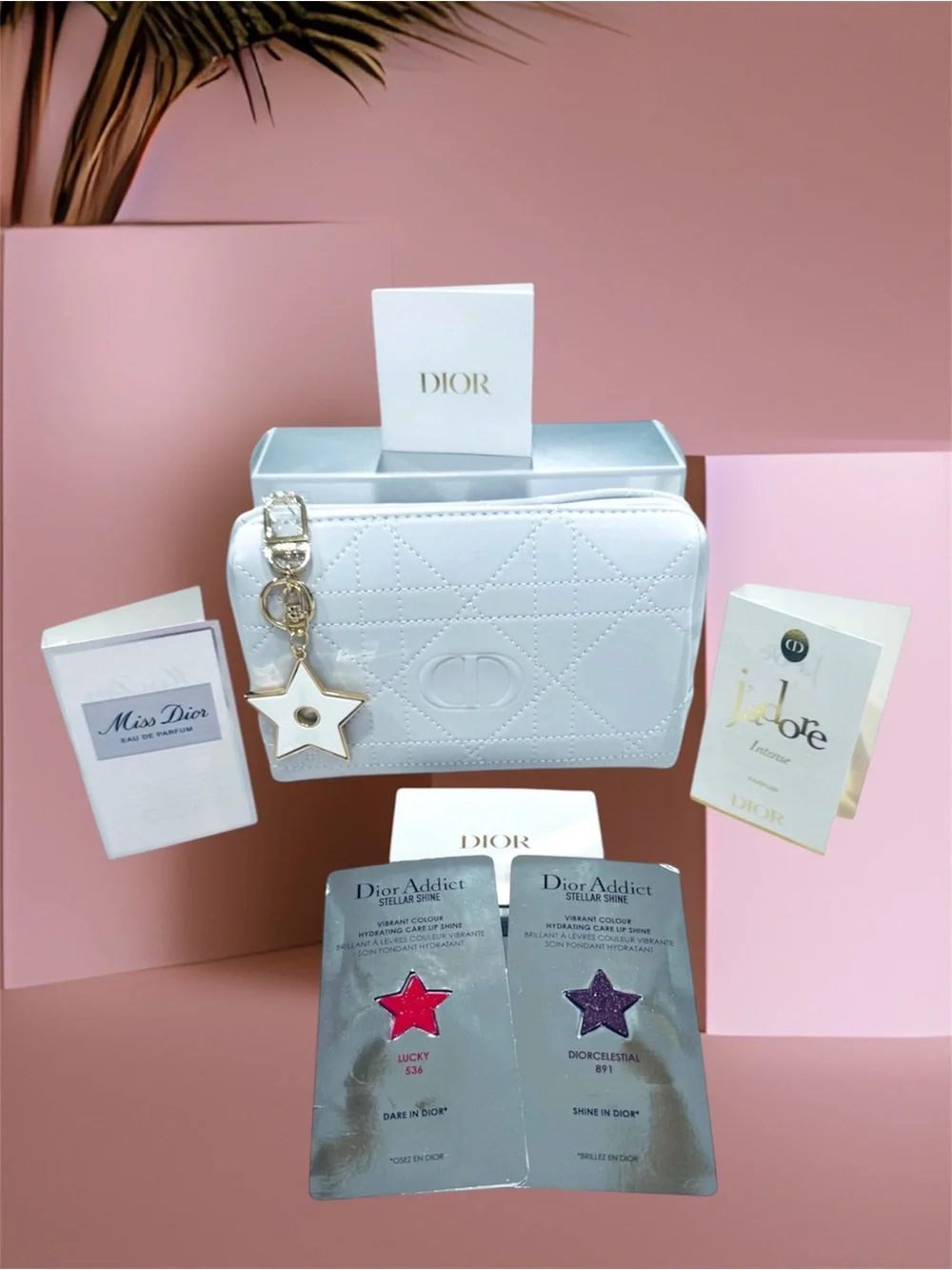 NIB Dior 5pc Luxury Gift Bundle Pouch Keychain Lip Shine J’adore Miss Dior.
